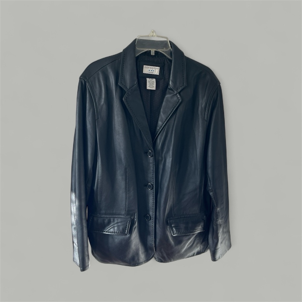 Covington Woman Black Genuine Leather Blazer Jacket Size 16-18W Polka Dot Lining